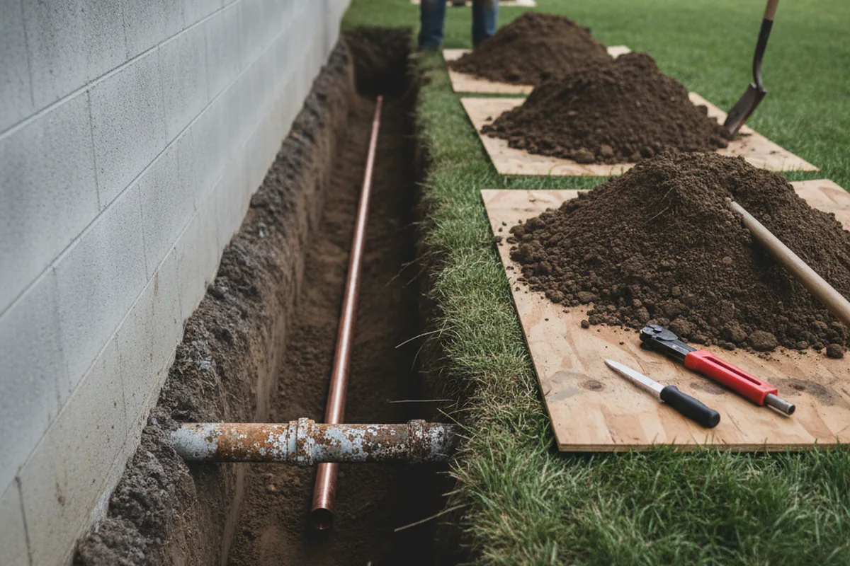 Excavated water line trench during Sewer Line Repair in Galloway